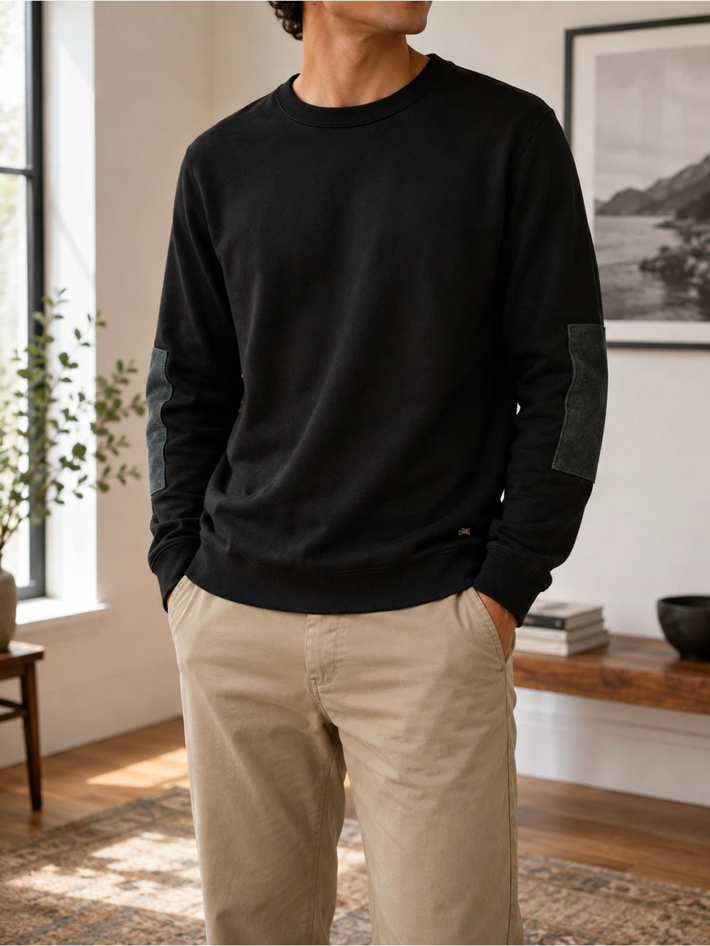 Billy Reid Dover Style Crewneck Sweatshirt 80/20 Cotton Leather Elbow Patches